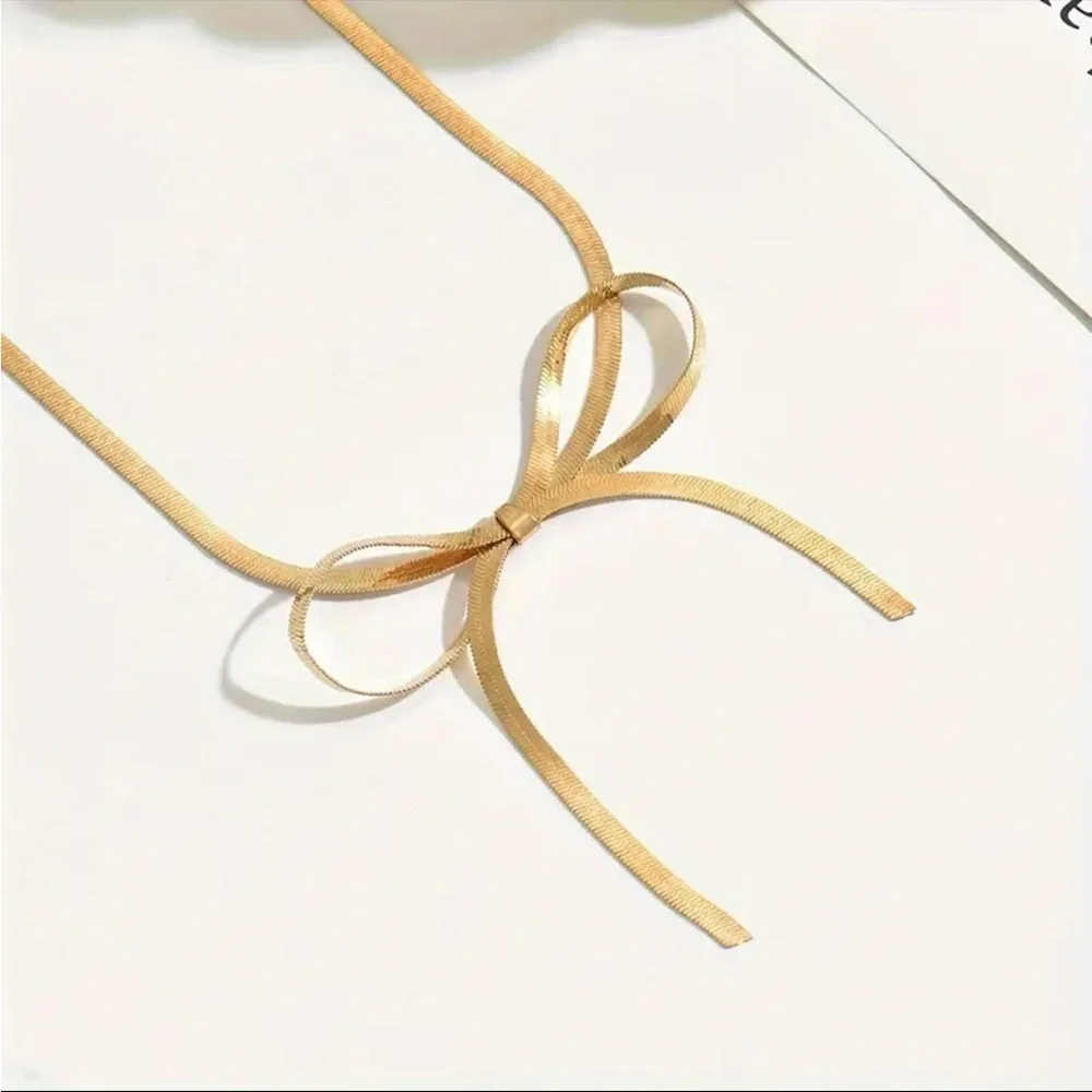 Gold Bow Necklace Minimalist Ribbon Pendant Coquette Jewelry NWT